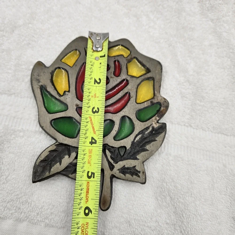 Vintage ROSE TRIVET Metal Stained Glass Look Wall Hanger Decor w/Feet Red Yellow
